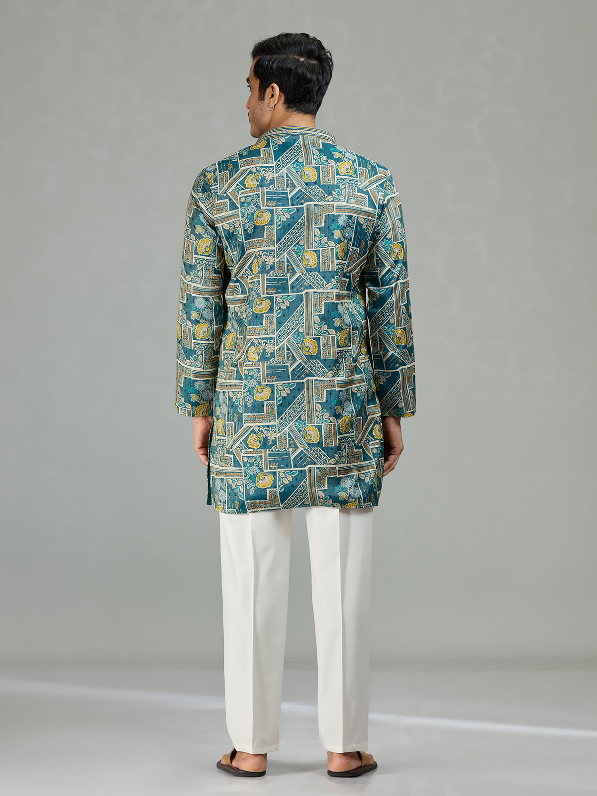 Blue floral grid printed contemporary men kurta suit