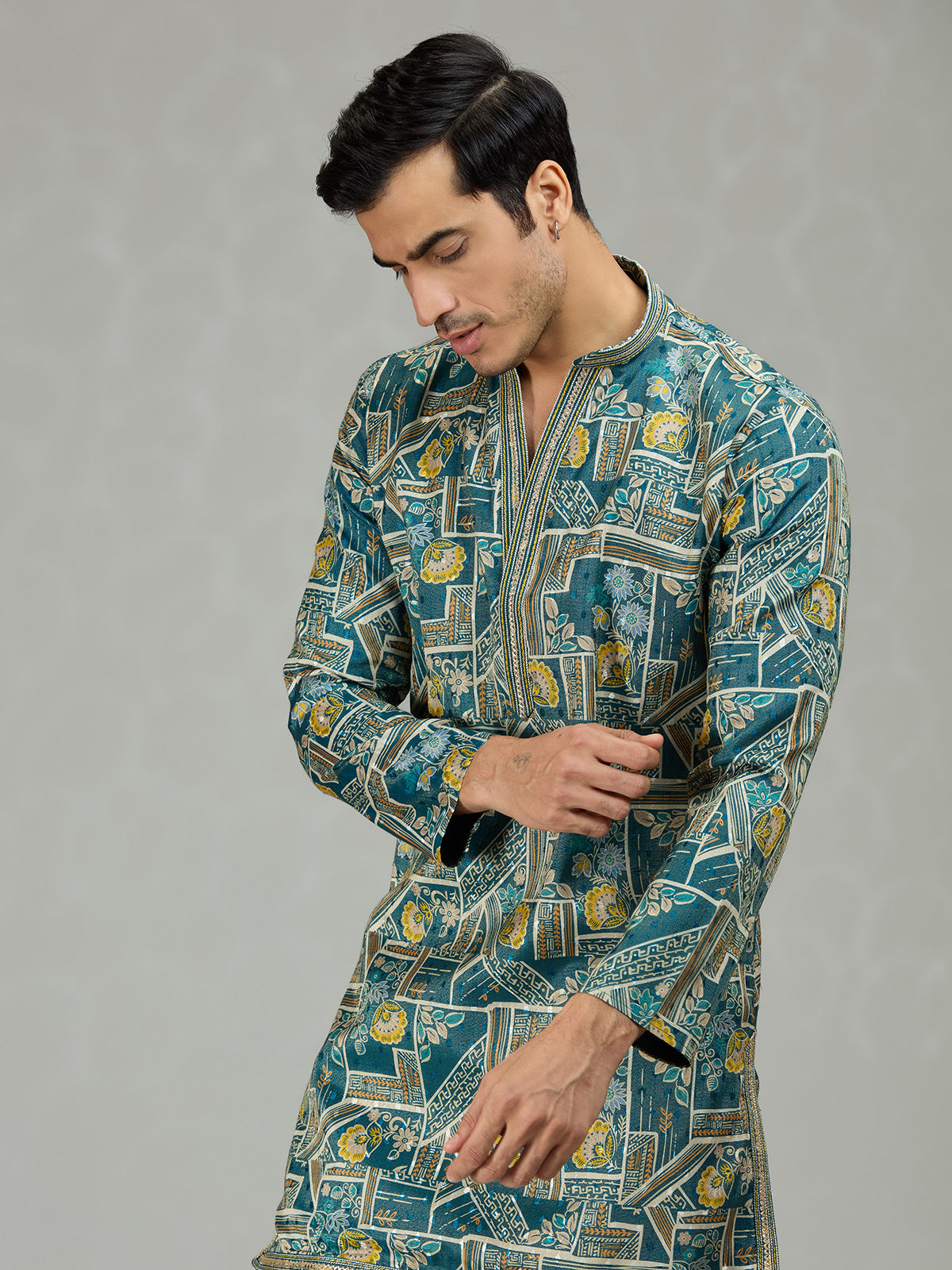 Blue floral grid printed contemporary men kurta suit