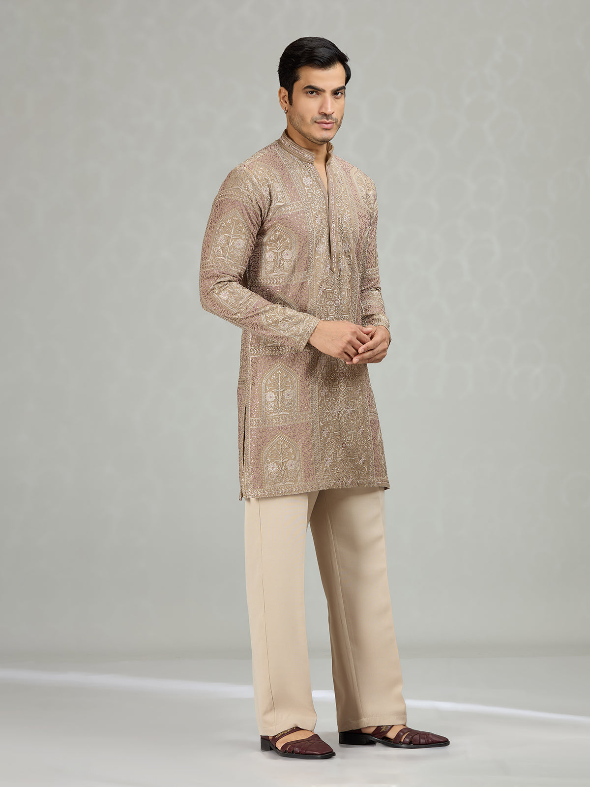 Beige royal embroidered premium men kurta suit