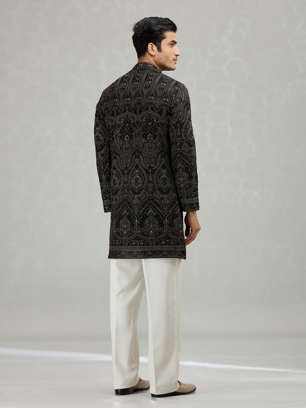 Black scalloped cutwork designer men kurta suit