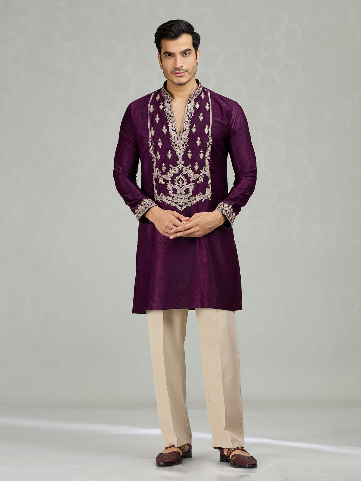 Purple Persian filigree velvet lavish men kurta suit