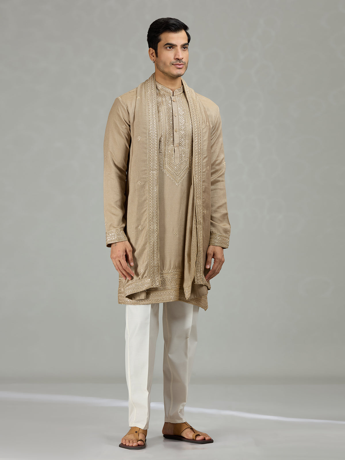 Dark beige classic embroidered men kurta suit