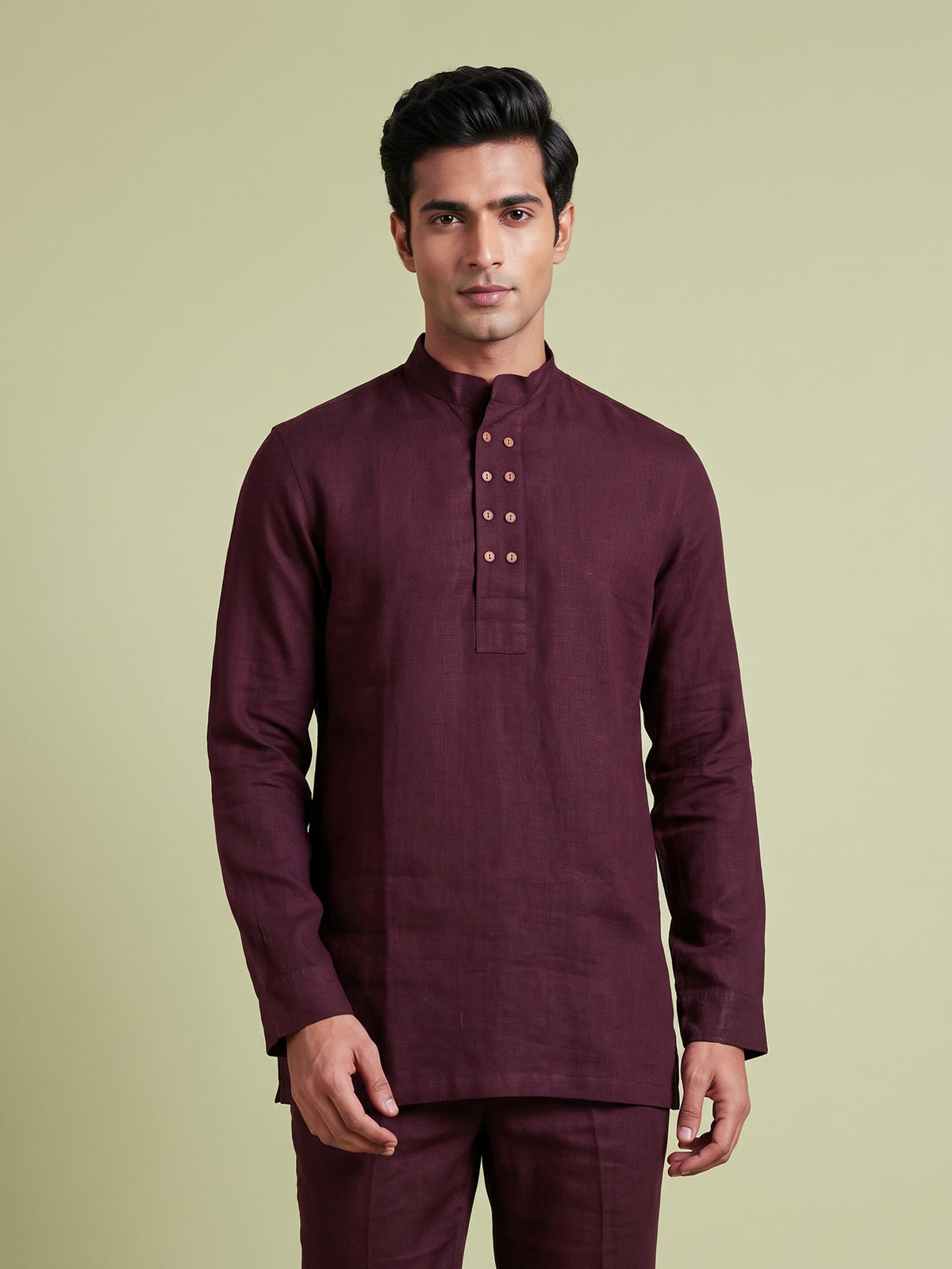 Wine linen silk mens short kurta with Chinese collar