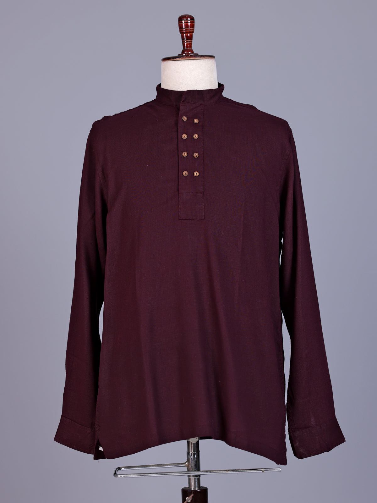 Wine linen silk mens short kurta with Chinese collar