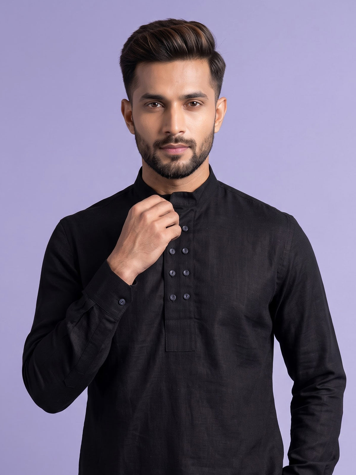 Black linen silk mens short kurta with Chinese collar