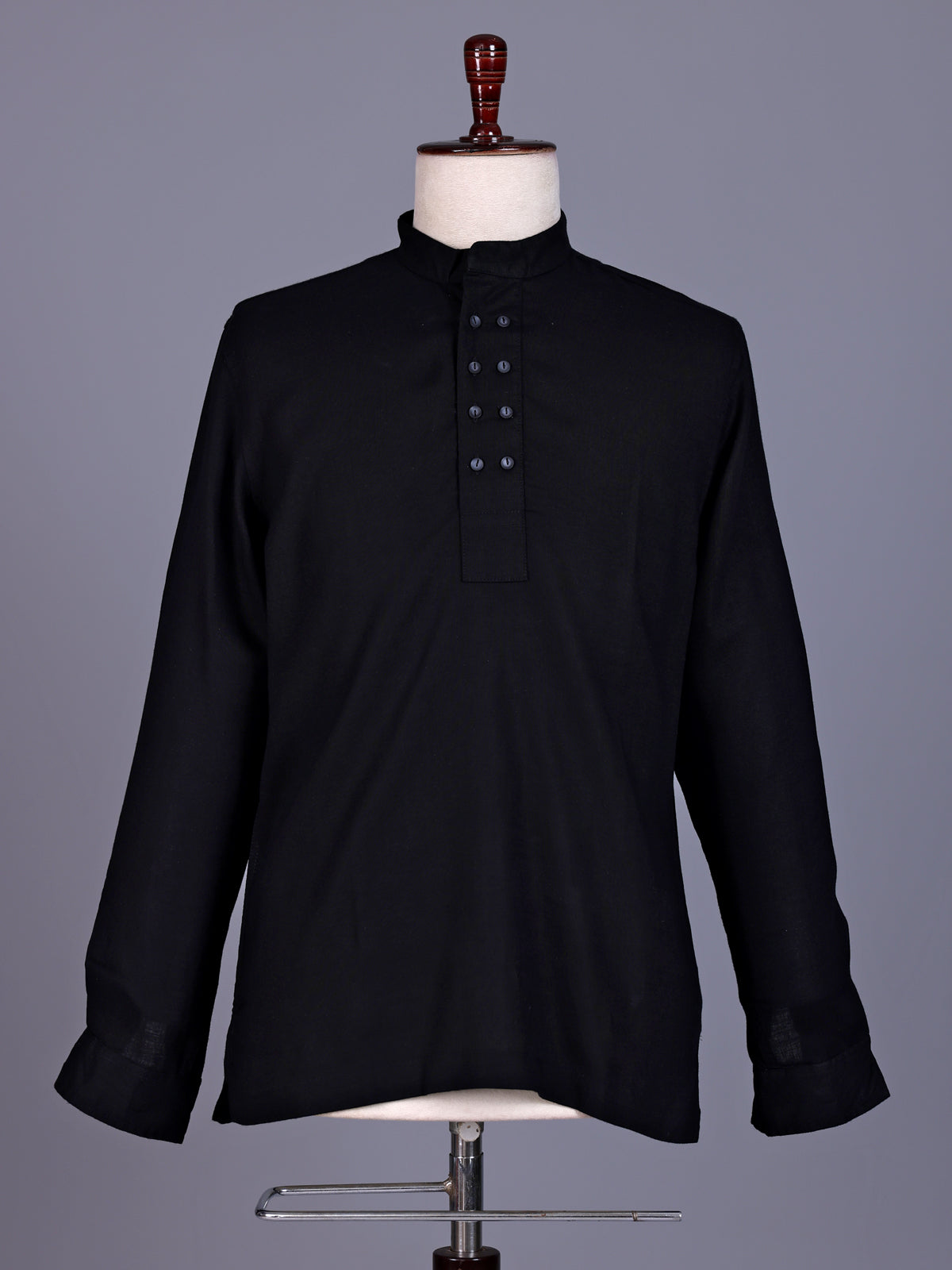 Black linen silk mens short kurta with Chinese collar