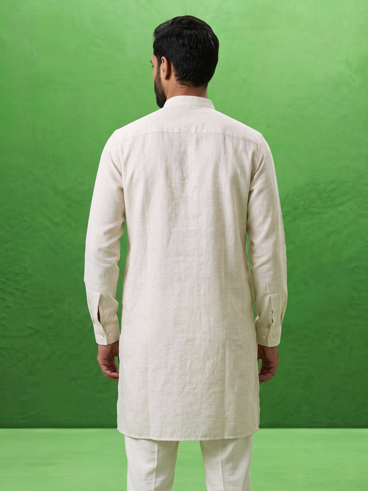 White cotton linen mens kurta with printed Chinese collar