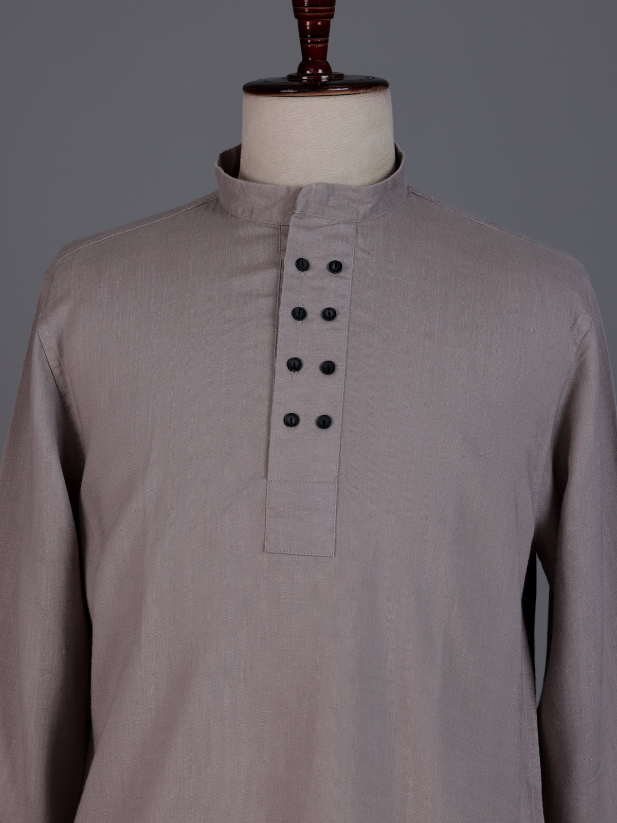 Beige linen silk mens short kurta with Chinese collar