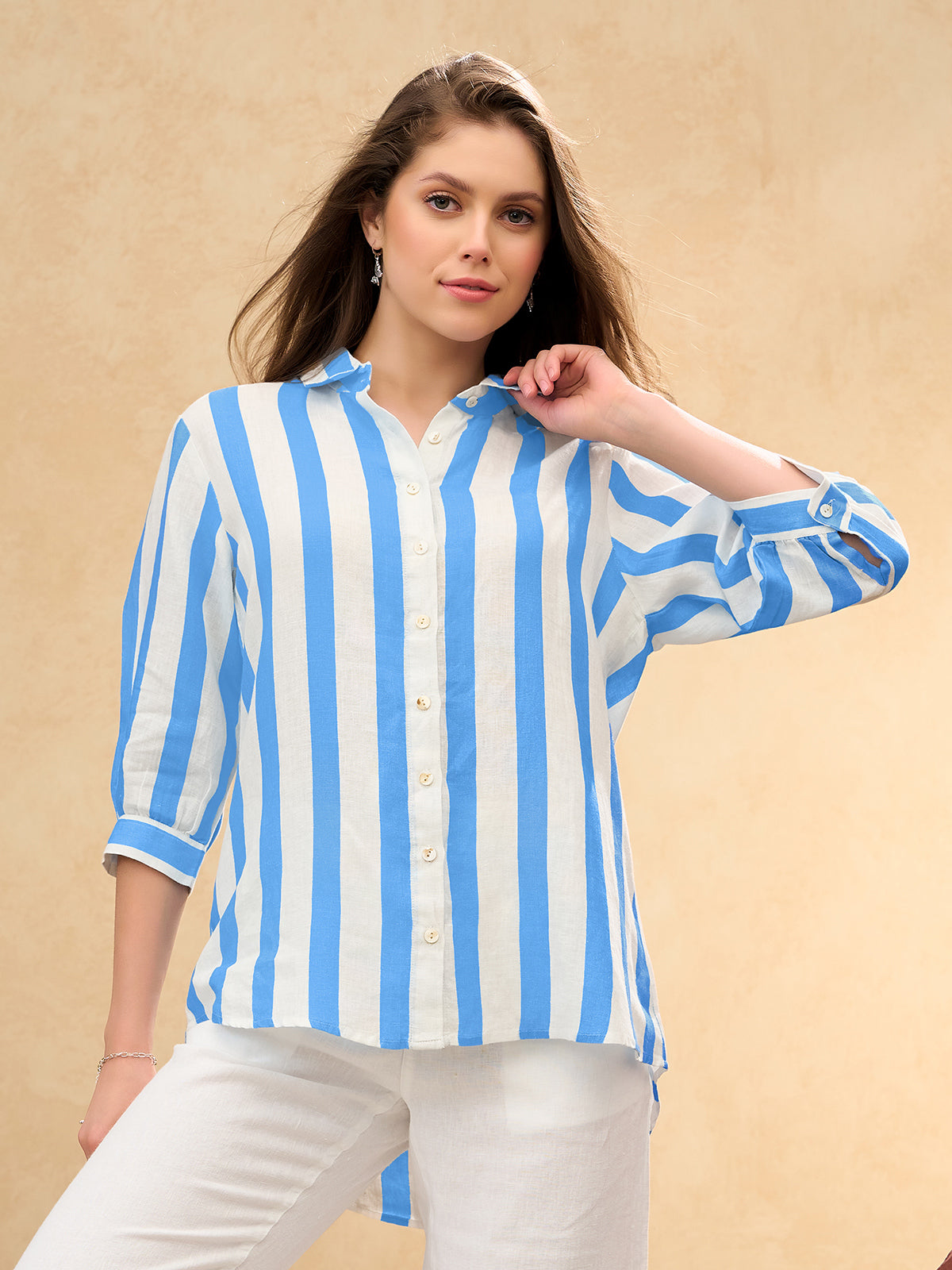 Blue white striped casual women shirt
