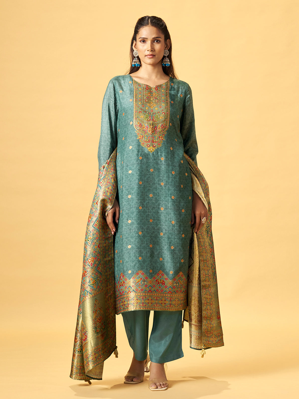Sea green peacock embroidered women kurti set