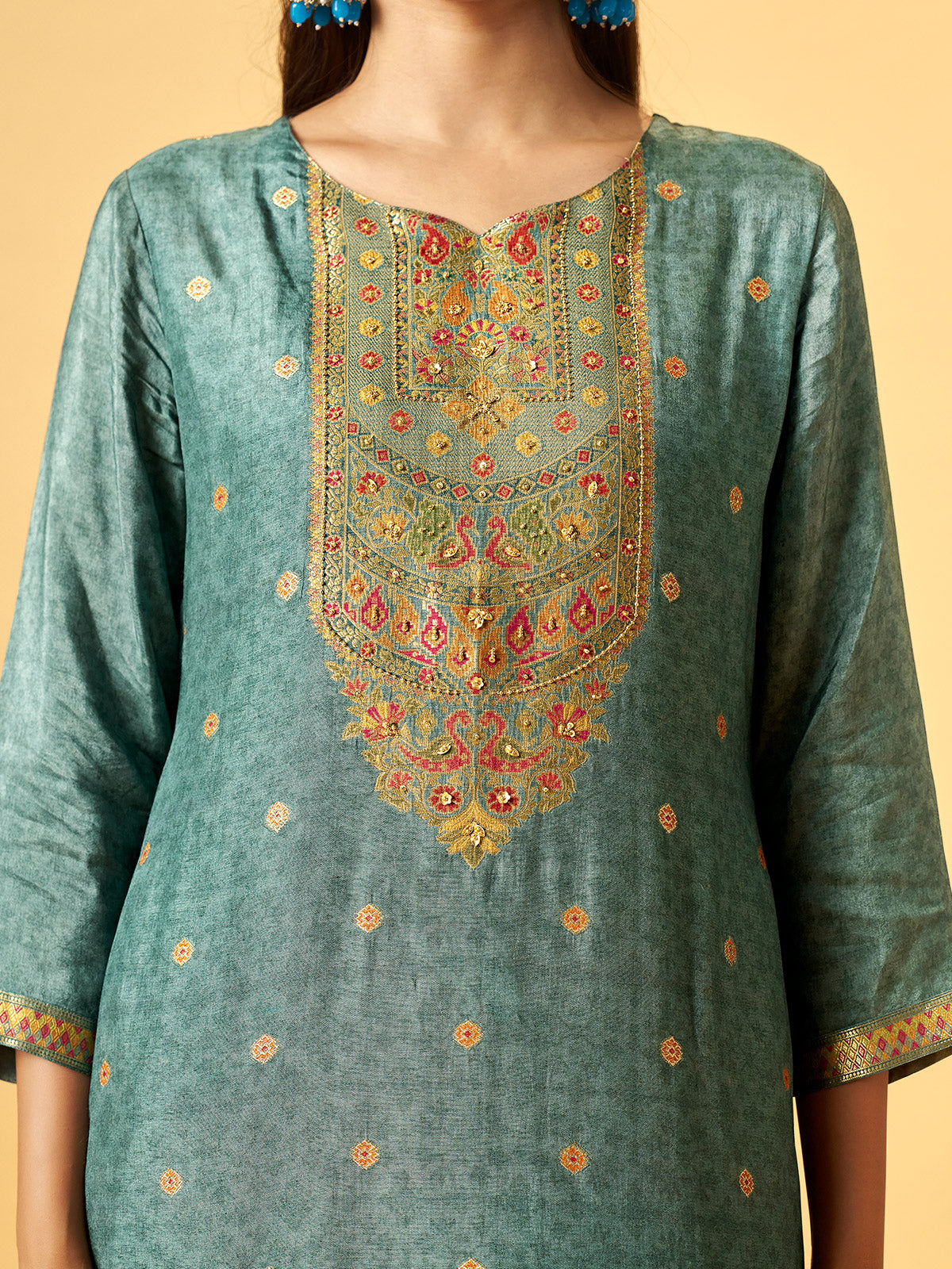 Sea green peacock embroidered women kurti set