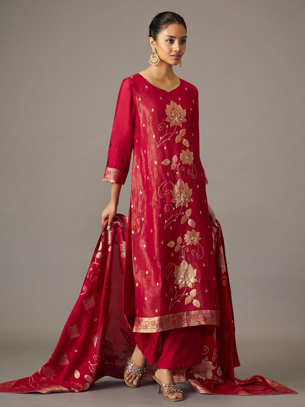 Crimson red floral festive women kurti set