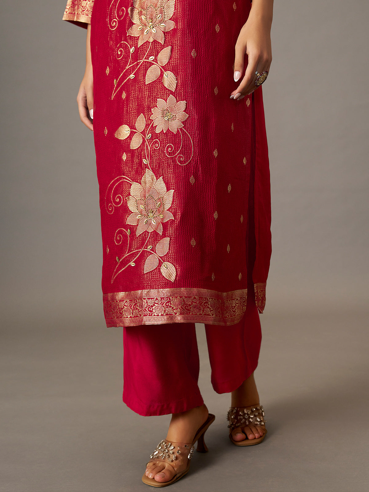 Crimson red floral festive women kurti set