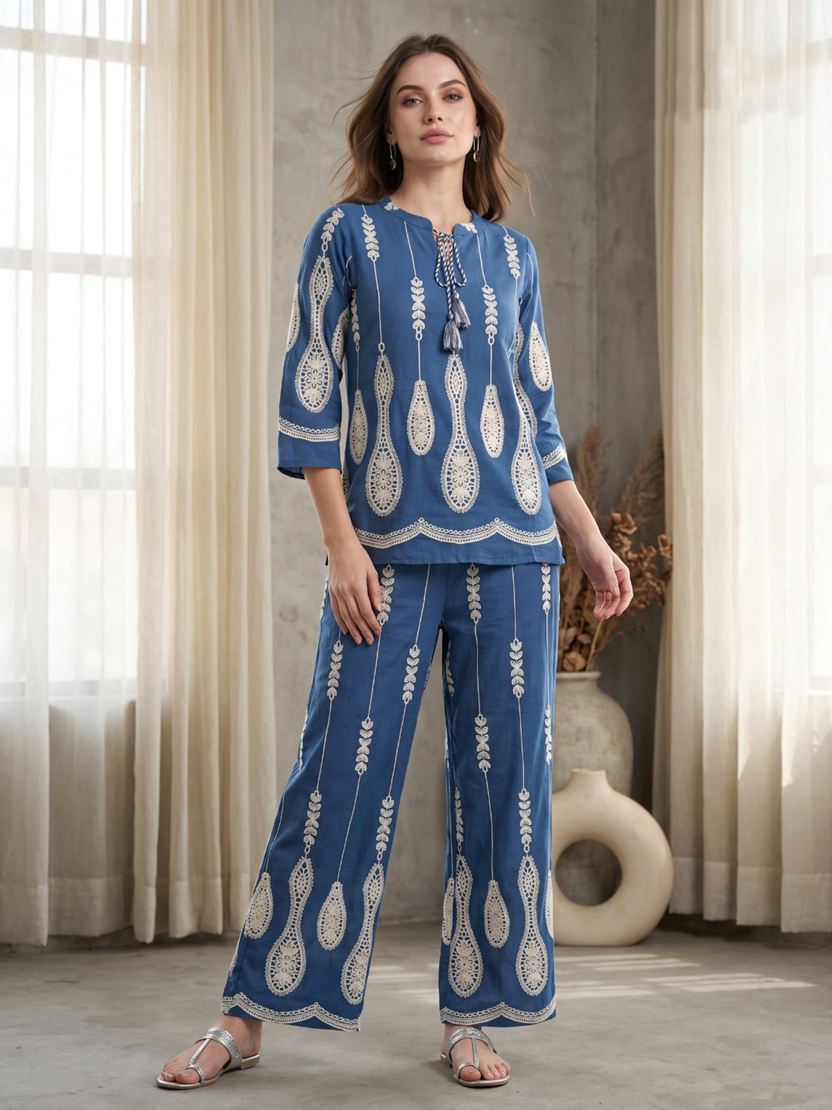 Slate blue teardrop motif women co-ord set