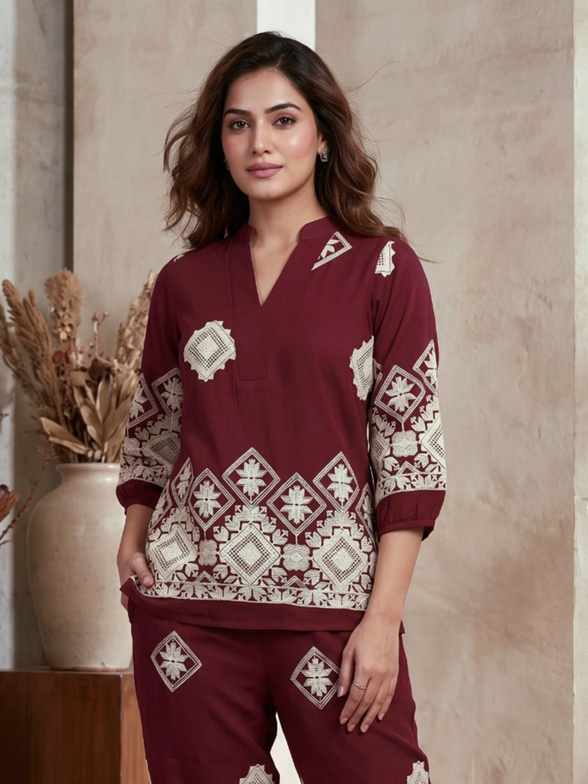 Maroon ethnic geometric women co-ord set