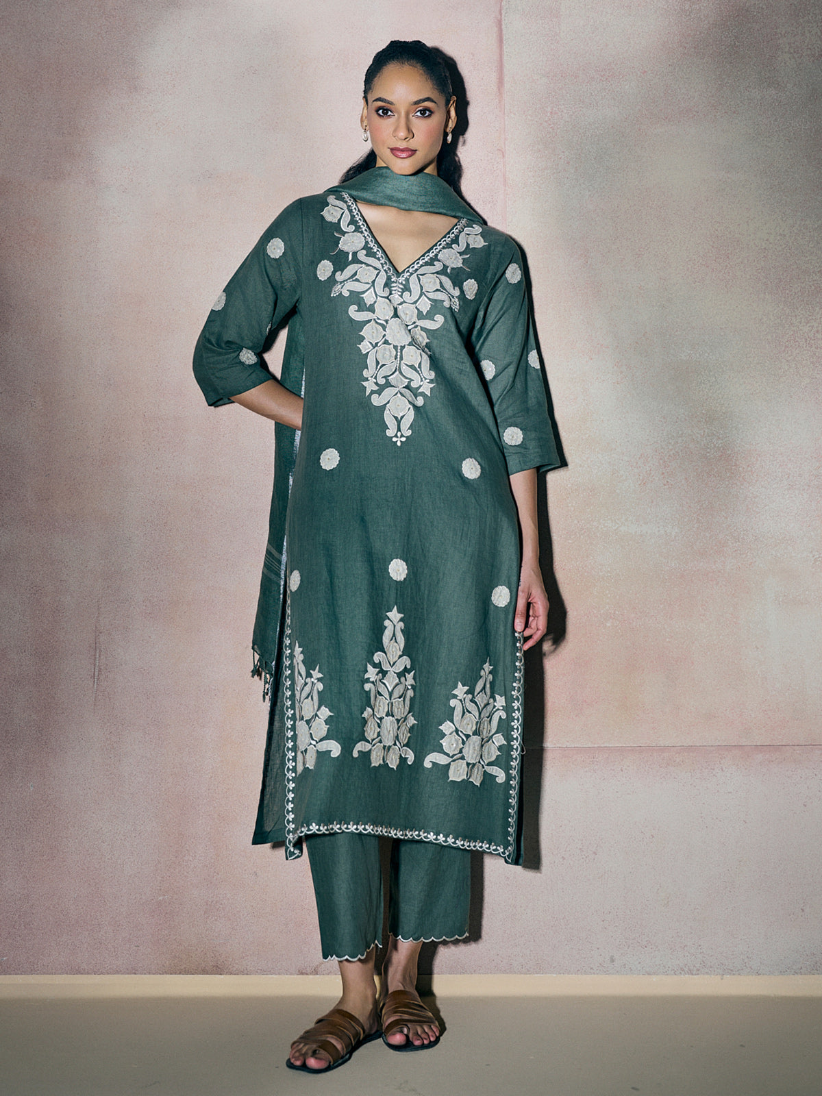 Teal green aabla floral women kurti set