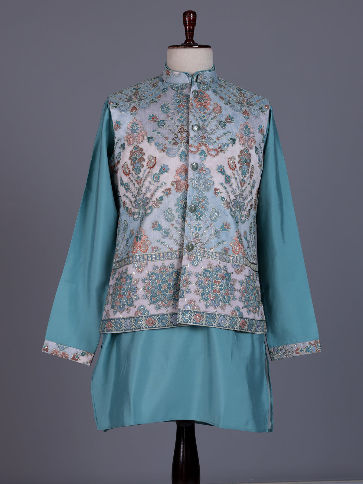Sky blue silk mens waistcoat set with botanical thread sequin accents