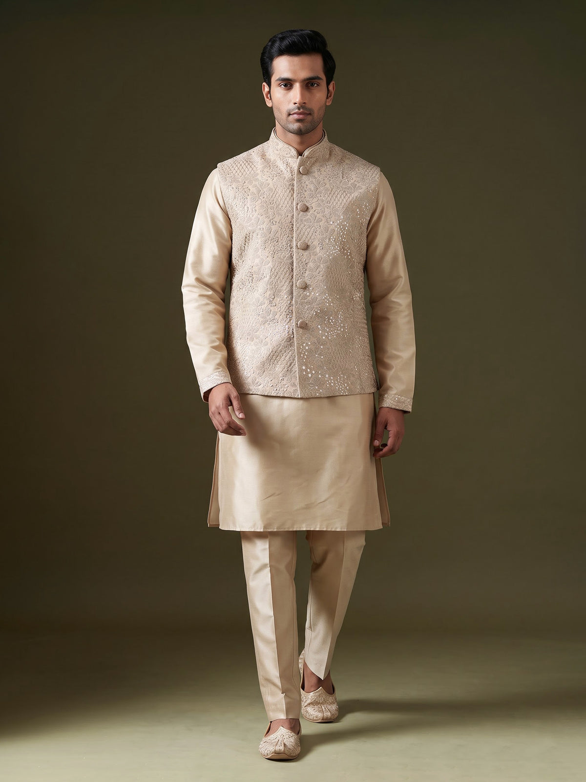 Pastel beige silk mens waistcoat set with floral sequin embroidery
