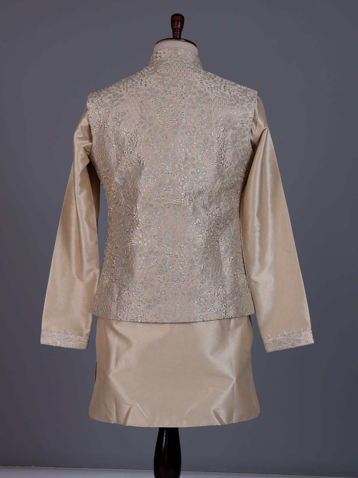 Pastel beige silk mens waistcoat set with floral sequin embroidery