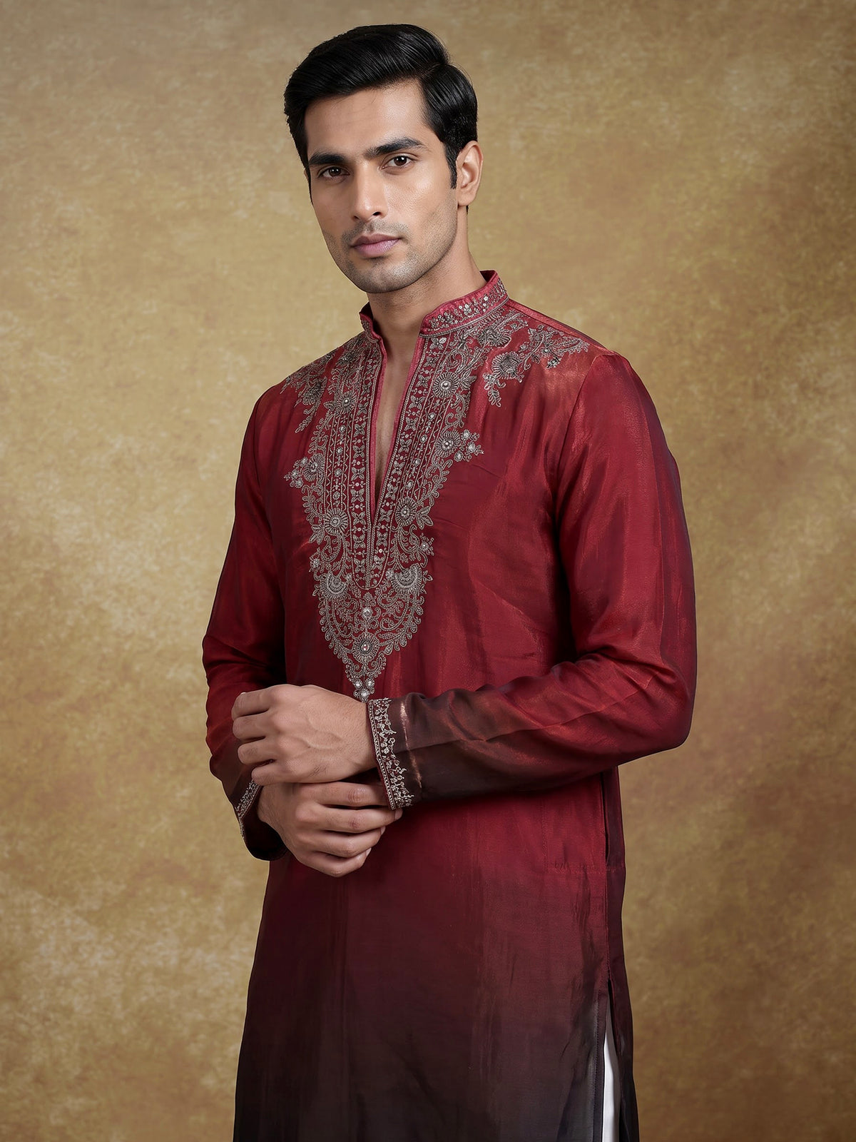 Maroon tissue silk mens kurta suit with embellished shaded yoke