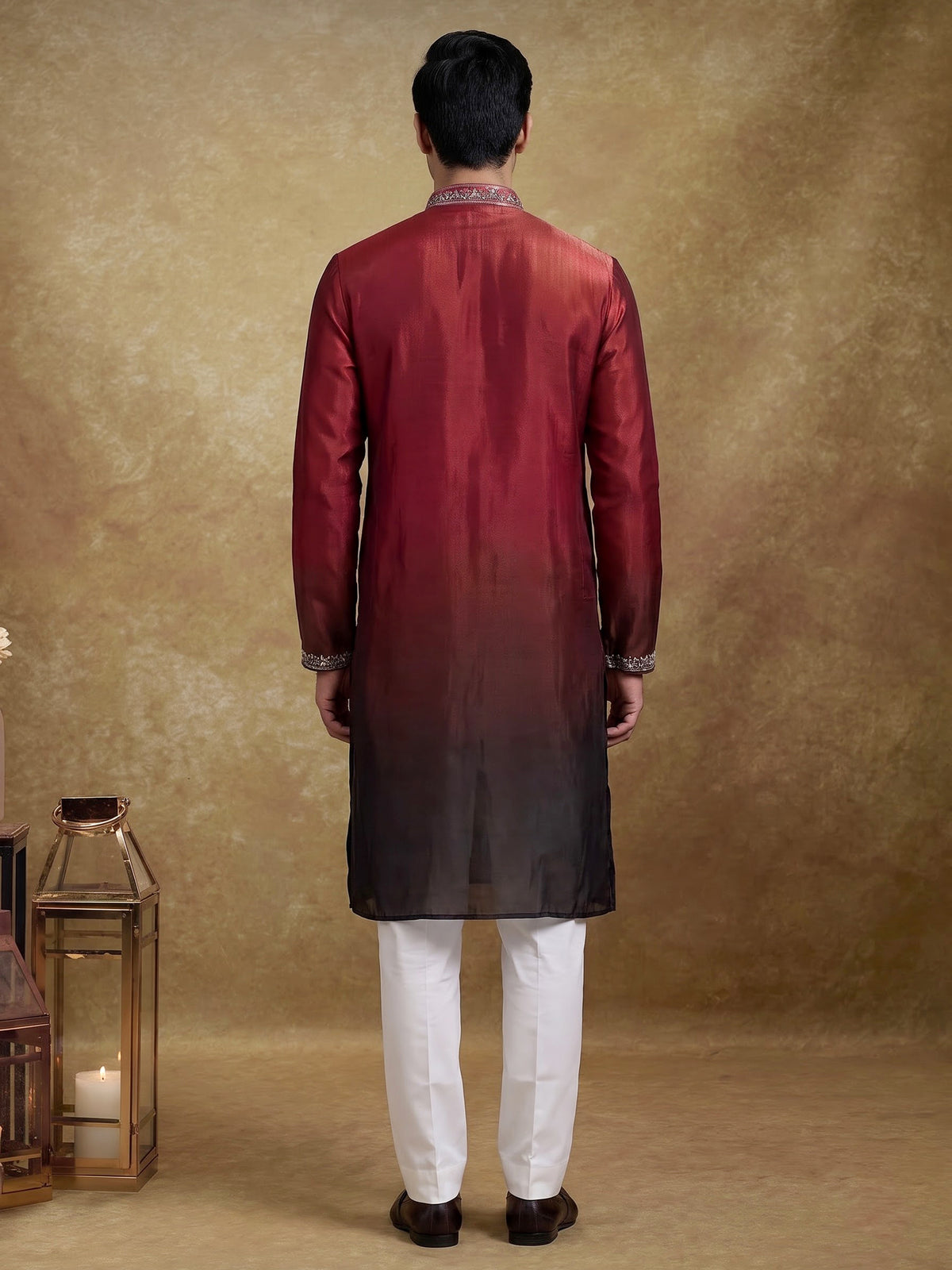 Maroon tissue silk mens kurta suit with embellished shaded yoke