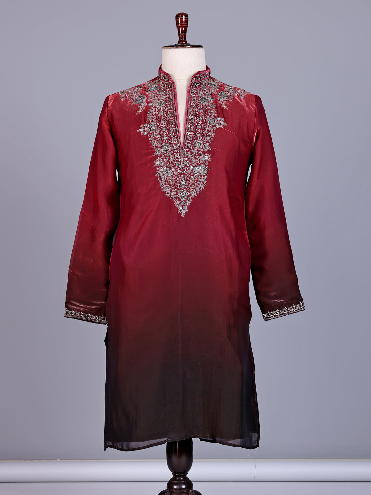 Maroon tissue silk mens kurta suit with embellished shaded yoke