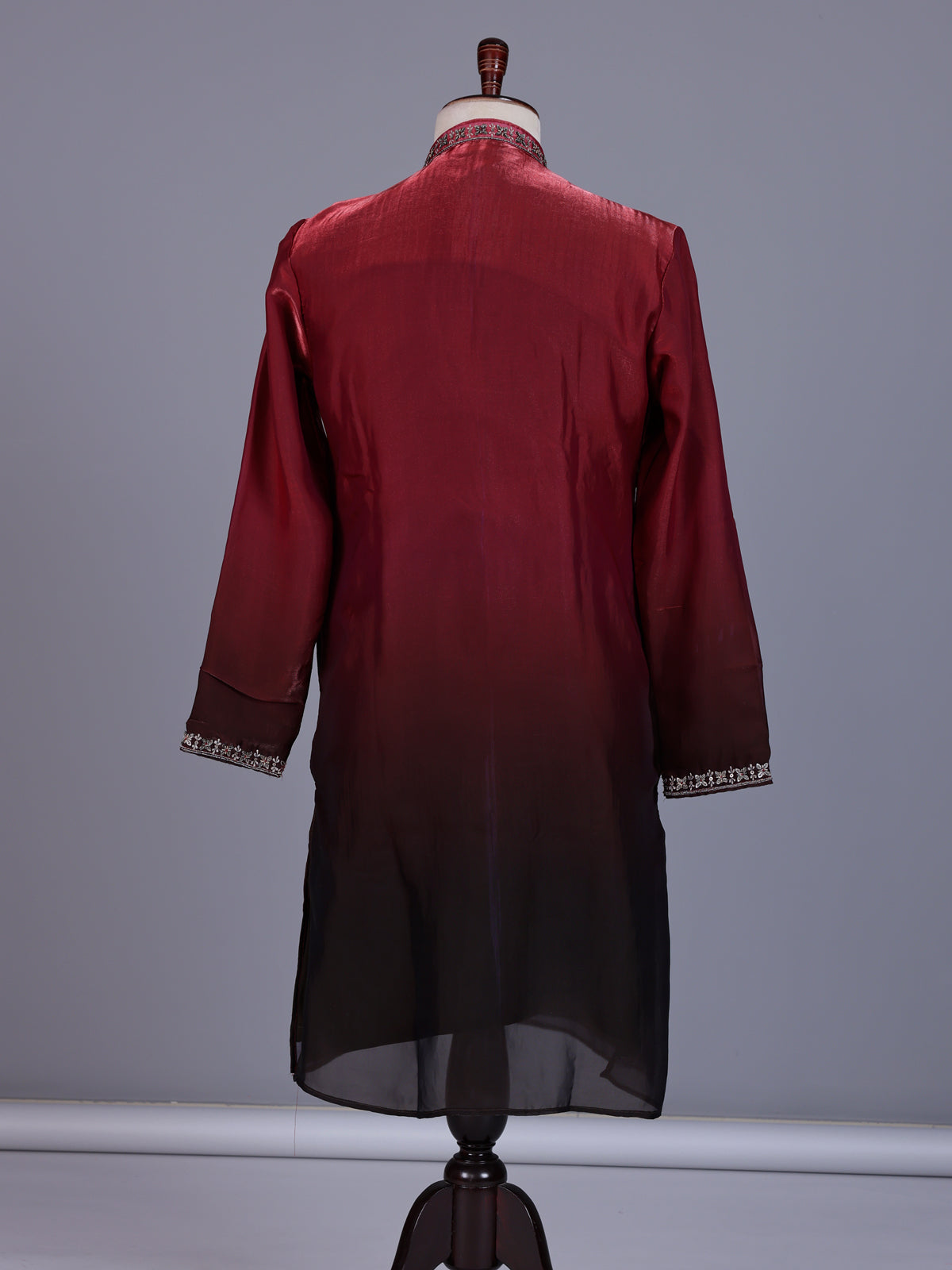 Maroon tissue silk mens kurta suit with embellished shaded yoke