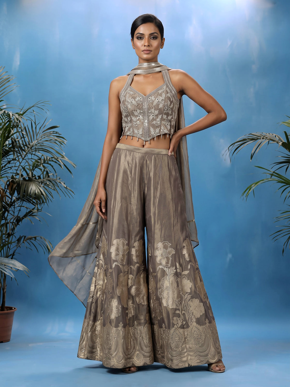 Pastel dusty brown silk salwar suit with diamond embellishments