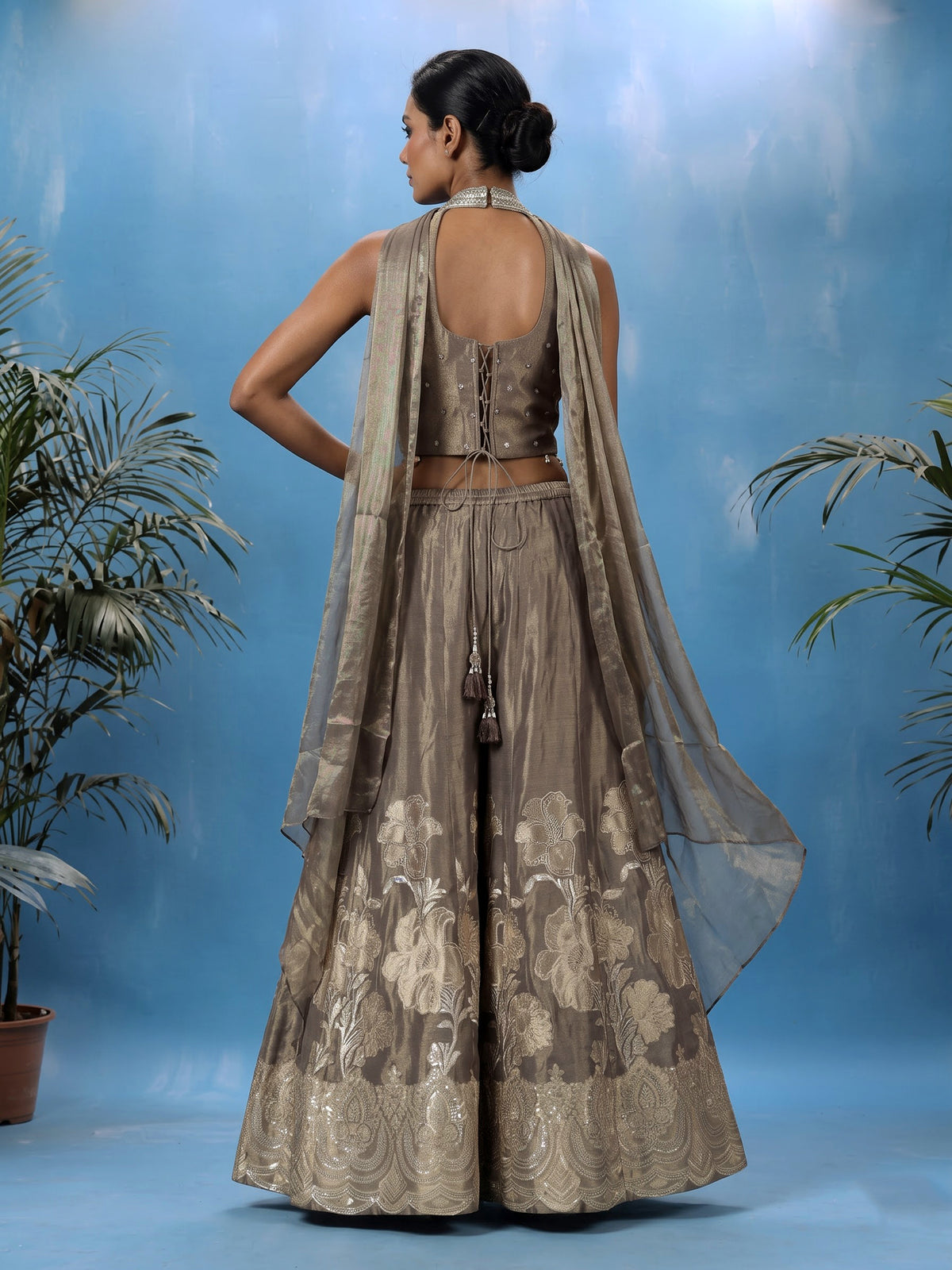 Pastel dusty brown silk salwar suit with diamond embellishments