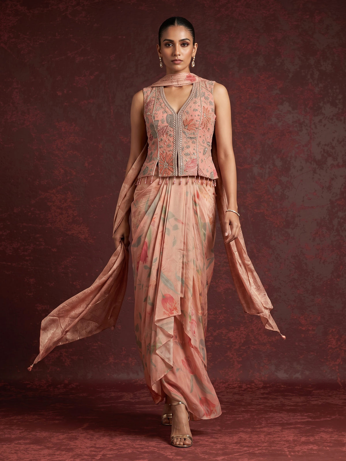 Peach tissue silk indowestern suit with floral embellishments