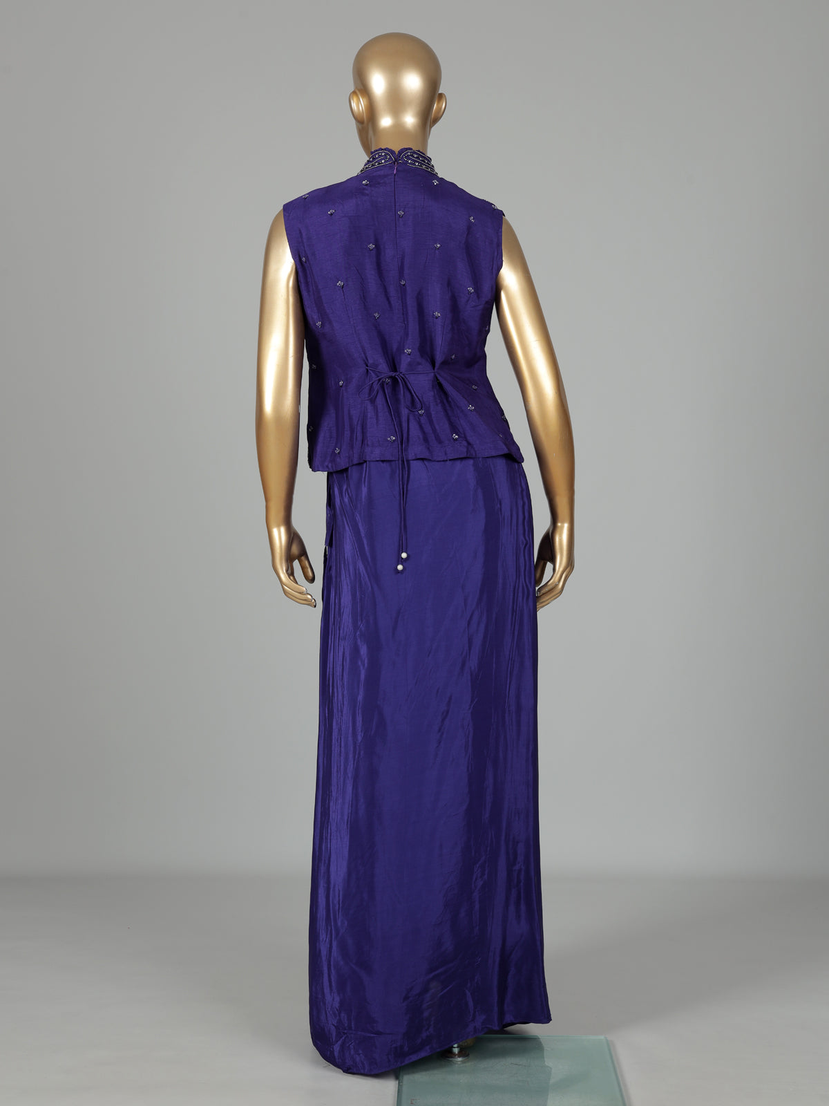 Blue satin crepe silk indowestern suit with bead embellishments