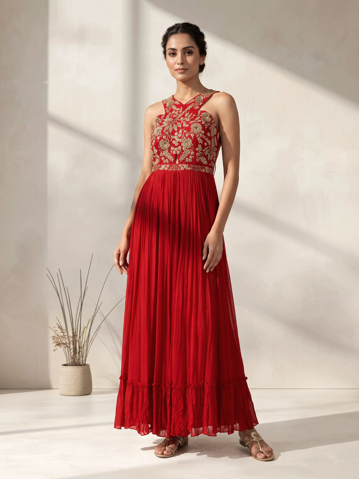 Red georgette anarkali suit with zardosi embellishments