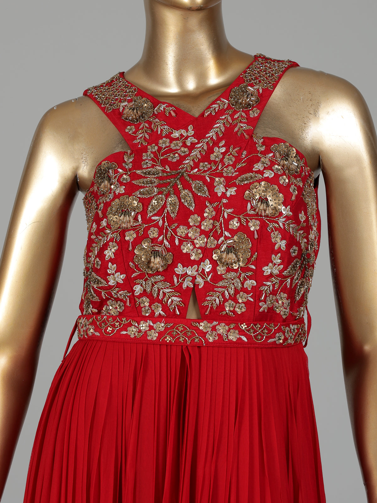 Red georgette anarkali suit with zardosi embellishments