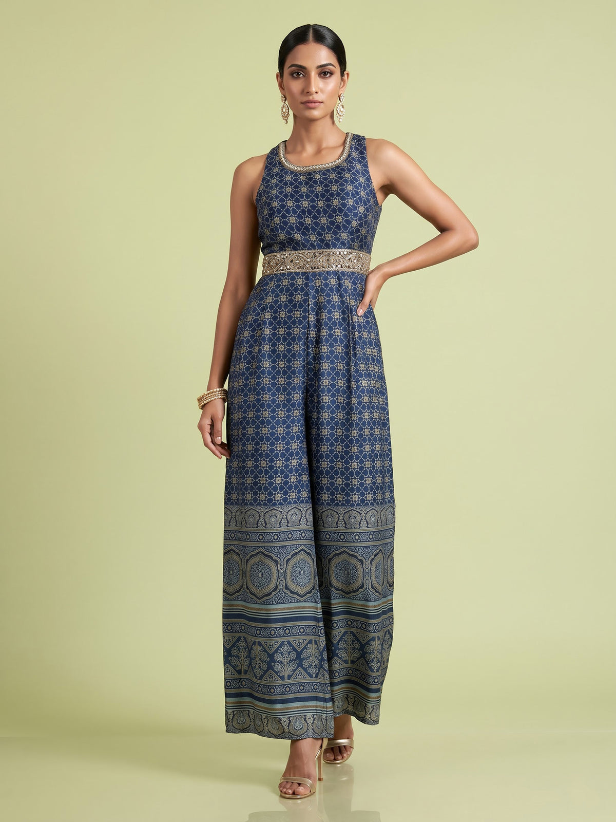 Blue cotton silk printed jumpsuit with mirror embellishments