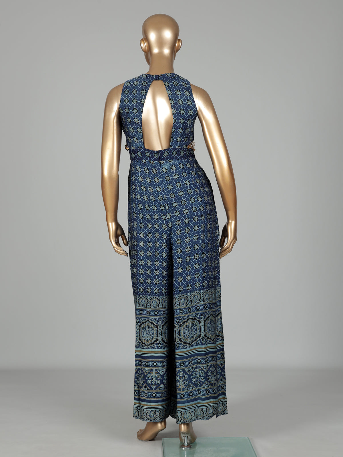 Blue cotton silk printed jumpsuit with mirror embellishments