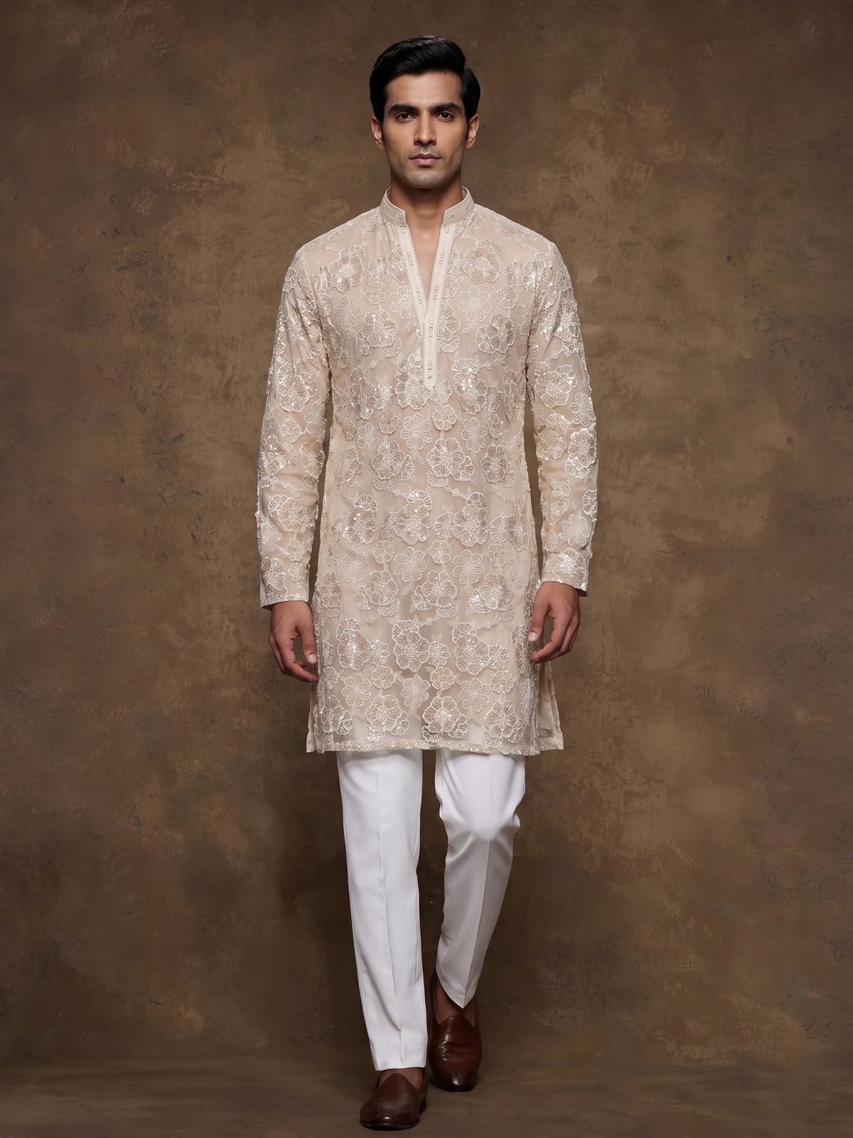 Beige net mens kurta suit with opulent floral sequin embroidery