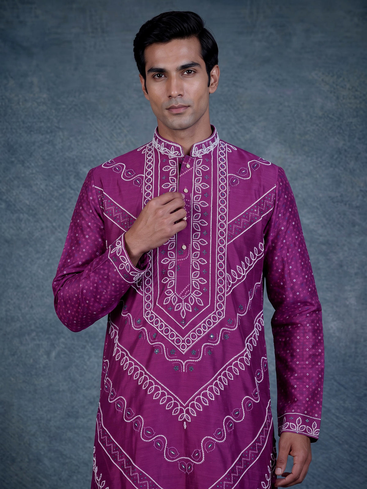 Lavender purple mens Chanderi Blend kurta suit with bandhani sequin detailing