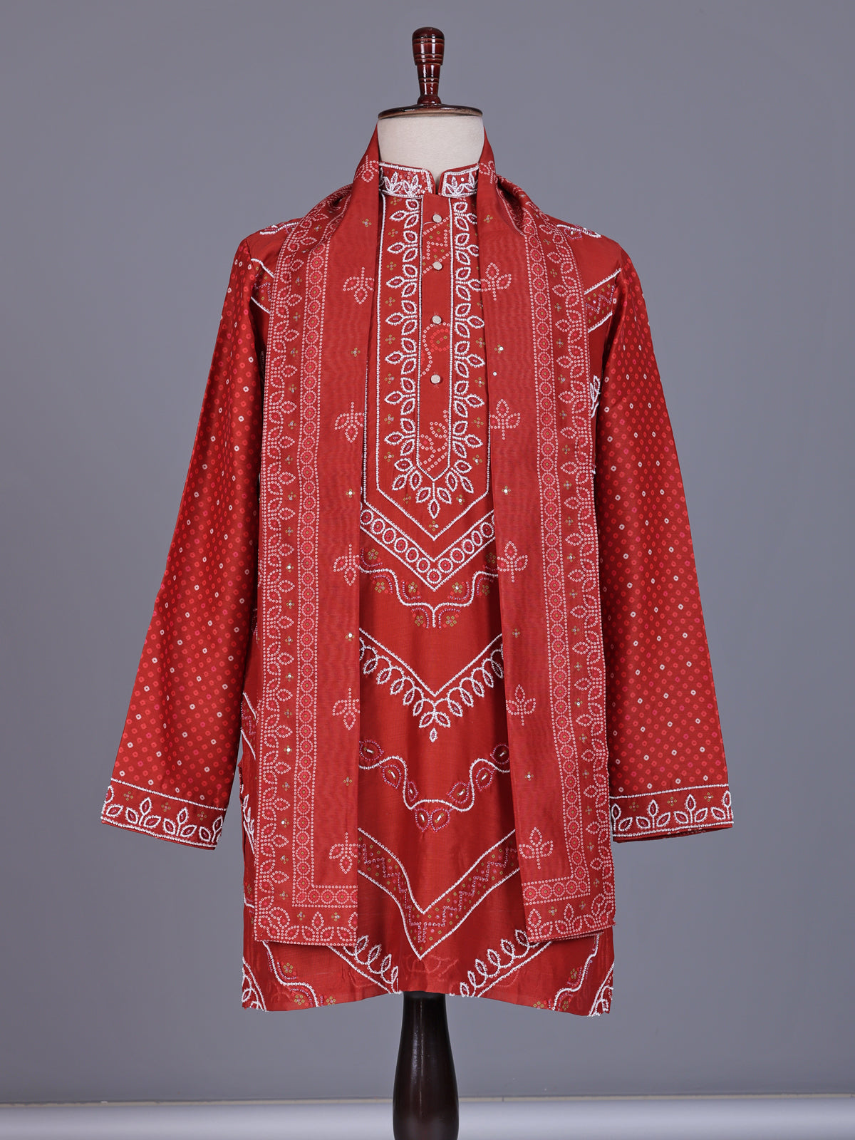 Orange Chanderi Blend mens kurta suit with bandhani print and sequin borders