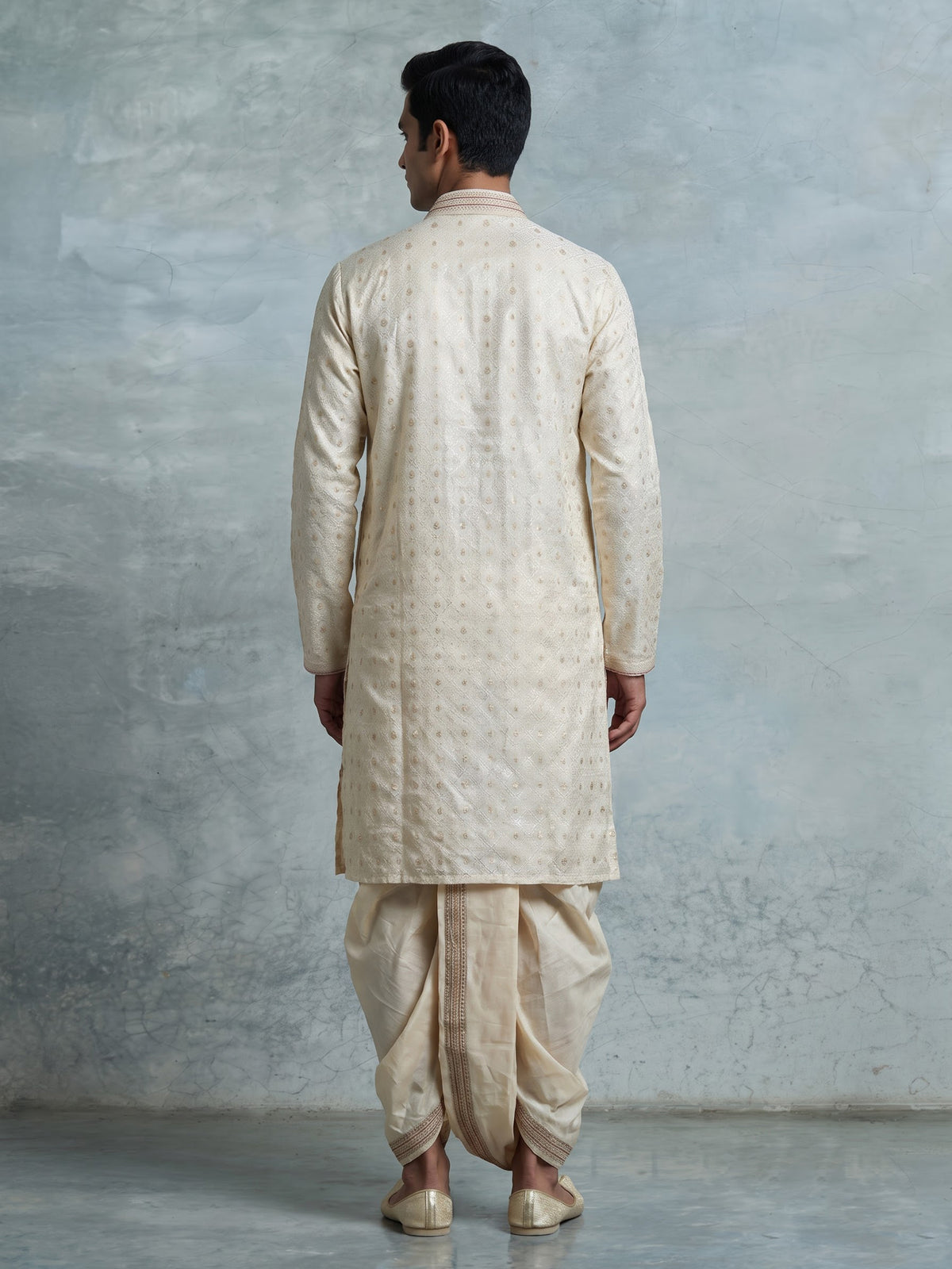 Cream Jacquard mens dhoti suit with zari sequin stole detailing