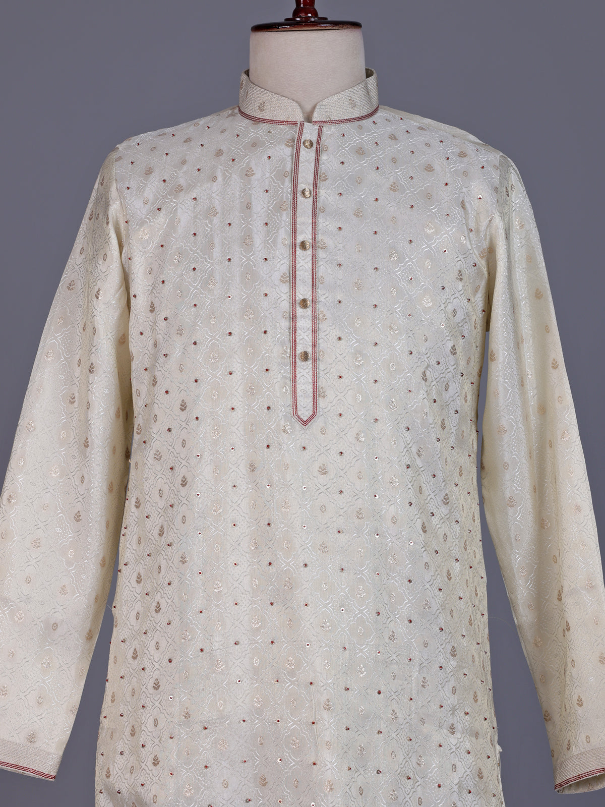 Cream Jacquard mens dhoti suit with zari sequin stole detailing