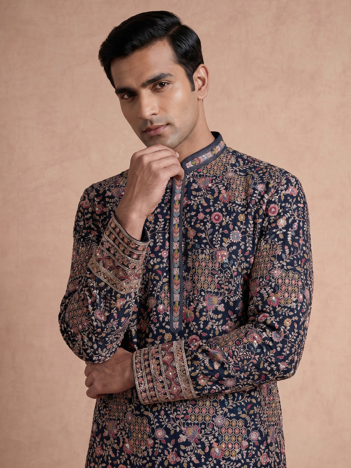 Teal green georgette silk mens kurta suit with mirror embellishments