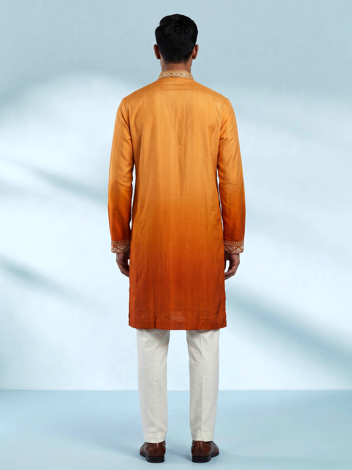 Orange silk blend mens kurta suit with mirror zardozi chevron yoke