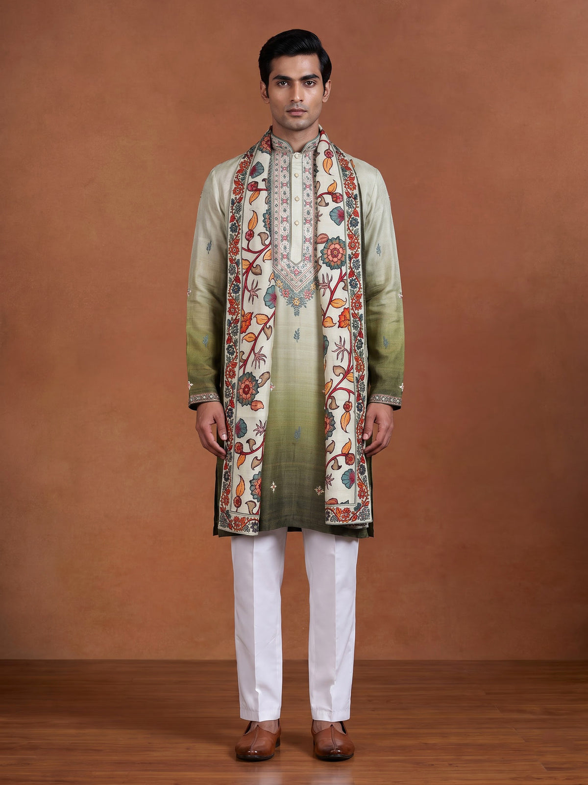Mehendi green tusser silk mens kurta suit with kashmiri floral stole