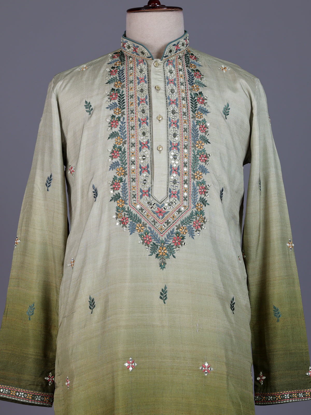 Mehendi green tusser silk mens kurta suit with kashmiri floral stole