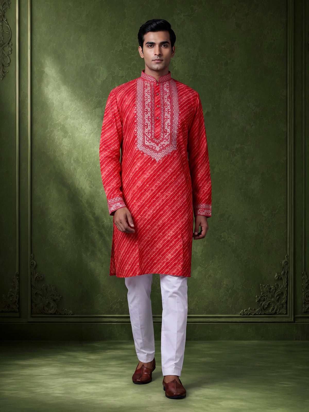 Red Art Silk mens kurta suit with ornate leheriya mirror work yoke