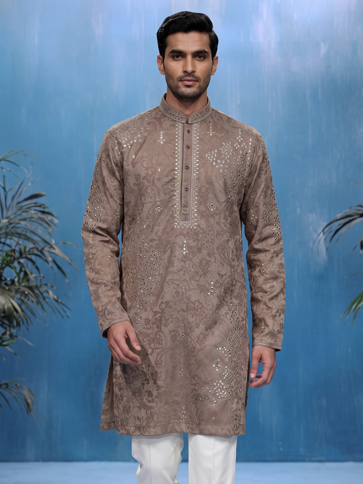 Dark beige Jacquard Silk Blend mens kurta suit with aabla zari detailing
