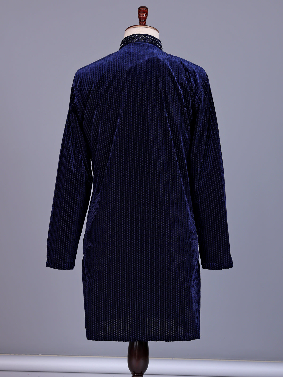 Navy blue Textured Velvet mens kurta suit with tonal embellished V-slit