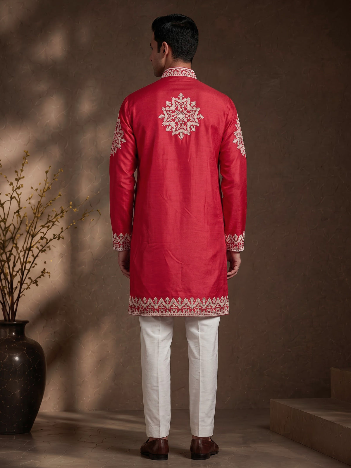 Rani pink silk blend mens kurta suit with embellished yoke
