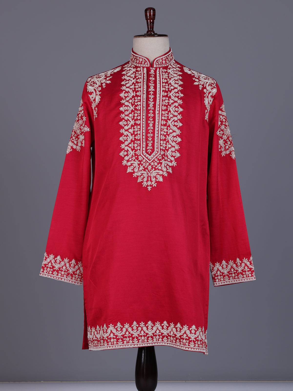 Rani pink silk blend mens kurta suit with embellished yoke