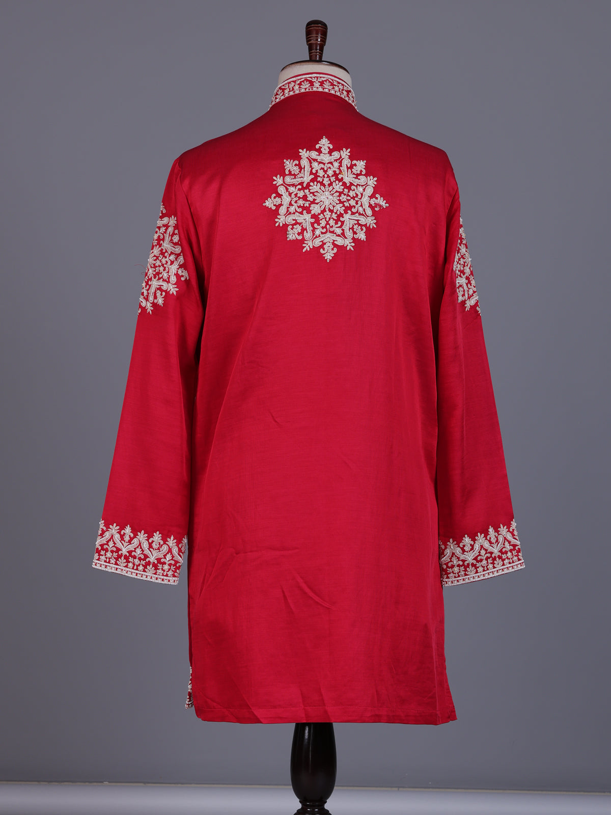 Rani pink silk blend mens kurta suit with embellished yoke